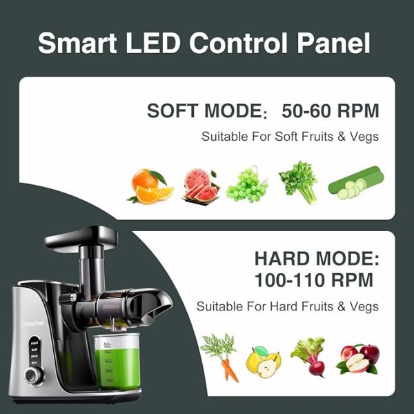 Extracteur de Jus avec Double Vitesse Modes (Soft et Hard) - Extracteur de Jus de Fruits et Légumes - Juicer Machine avec Bouteille à jus Portable et 2 Tasses - Argent [Classe énergétique A+++] - Image 3